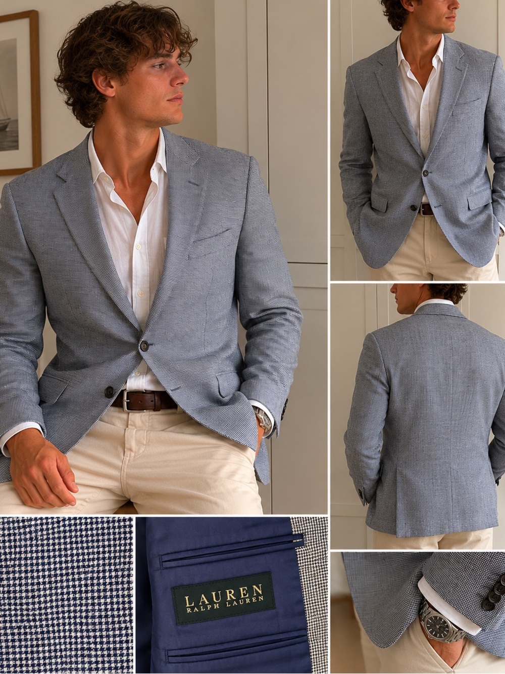 Lauren Ralph Lauren 46R Linen Blazer Blue Check